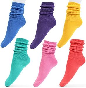 HOT FEET Girls Slouch Socks - 6 PK Tall Stacked Slouchy Socks, Warm Cotton Blend Long Calf Socks for Kids, Big Girls 9-12 Years, Blue/Red/Yellow/Purple/Light Pink/Green