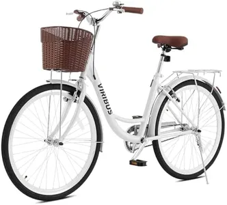 Viribus Beach Cruiser Bike for Women, 26 inch Womens Bike with Basket 1 Speed, Step Through Adult Bicycle for City Commuter, Seniors, Ladies, Female, Vintage Retro White