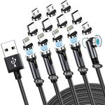 Magnetic Charging Cable 5-Pack [10/6/6/3/3FT], 540° Rotating Magnetic Phone Charger with LED Light, 3 in 1 Nylon Braided Magnetic USB Cords for iPhone, Type C, Micro USB Device (Black)