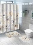 SAVYA HOME Shower Opaque Curtain (1) & Bathroom Mat (2) Set, Shower Opaque Curtains For Bathroom I, Waterproof Fabric I Anti Skid Mat For Bathroom Floor I Floral Beige, Pack Of 3