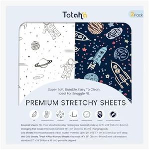 TotAha Premium Soft Space Pack n Play Sheets, Super Stretchy Jersey Knit Mini Crib Sheets Fitted, Silky Comfort Graco Pack and Play Mattress Sheets, 2 Pack