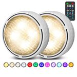 LED Puck Lights Battery Operated Under Cabinet Lighting, Closet Lights with Remote, Color Changing Under Counter Lighting, Stick On Lights for Kitchen, Bookshelf, Cupboard, 2 Pack - White