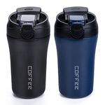 Coffee Cup, Travel Coffee Mug 400ml x 2 Pack, Vacuum Insulated Stainless Cups with Lids and Straws, Reusable Leakproof Bottle for Hot Cold Drinks, Car Thermos Gift for Men and Women, Black Blue