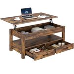 Rolanstar Coffee Table, Lift Top Coffee Table with Drawers and Hidden Compartment, Retro Central Table with Wooden Lift Tabletop, for Living Room, Rustic Brown