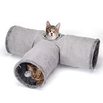 Nobleza 3 Way Collapsible Cat Tunnel Toy, Cat Tunnels in Suede for Indoor Adult Cats, Large Cat Play Tube Tunnel with Suspended Ball Peek Hole Crinkle Sound for Rabbit Kitten, D25*L80*W30cm, Gray