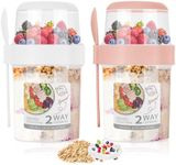 Hejo 2 Pcs Overnight Oats Container with Lip, 560ml+310ml Yoghurt Pots, Reusable Breakfast Pots, Cereal Cup with Spoon, Cereal and Milk On The Go Container, Overnight Oats Jar for Outdoor (Pink&White)