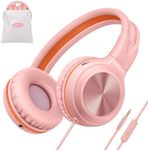 SIMOLIO Wired Headphones with Microphone and Volume Control, 85dB,95dB,105dB Volume Limited Headphones with Share Jack, Foldable Lightweight Headset with Bag (Pink)