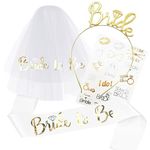 TOPWAYS Hen Party Accessories Bride to Be Sash Set, Hen Do Accessories Includ Bride Sash Tiara Tattoo Veil for Bride to Be, Bachelorette Bridal Shower Wedding Party Decorations (Gold+White sash)