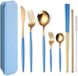 AARAINBOW 8 Pieces Stainless Steel Flatware Set Portable Reusable Cutlery Set Travel Utensils Set Including Chopsticks Knife Fork Spoon Straws Cleaning Brush Dishwasher Safe (Blue Golden)
