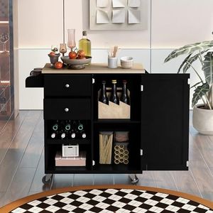 Kitchen Island Cart with Storage Cabinet,41.3'' Rolling Kitchen Cart with Towel Rack & Drawer, Kitchen Island on Wheels with Rubber Wood Top,Freestanding Buffet Server Sideboard Black