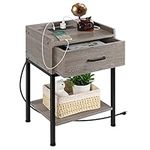 Nightstand, End Table with Charging Station 2-Tier Side Table with Drawer and Storage Shelf, Rustic Bedside Night Stand for Bedroom, Living Room, Easy Assembly, Rustic Grey