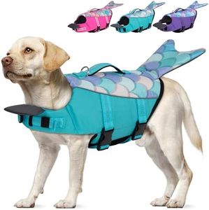 cyeollo Dog Life Jacket Reflective Mermaid Dog Life Vest for Swimming Boating, High Buoyancy Pet Life Preserver Lightweight Small Medium Large Dog Lifejackets with Front Float, Blue L