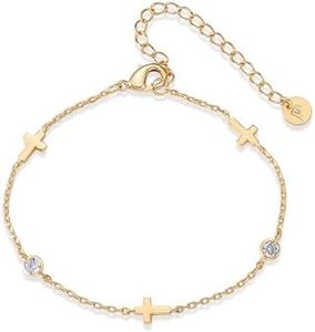 PAVOI 14K Gold Plated Sideways Cross Bracelet for Women | Religious Cubic Zirconia Station Bracelet | Confirmation Gift, 8", Yellow Gold, Cubic Zirconia