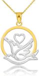 Fine 14k Two-Tone White and Yellow Gold Love Dove with Heart Necklace