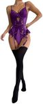 OYOANGLE Women's 4 Piece Lingerie Sets Floral Lace Bow Teddy Bodysuit with Stockings Purple Medium