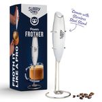 Sleepy Owl Coffee Frother - White | Powerful Milk Frother with Stainless Steel Whisk and Stand | Battery Operated Electric Tool | Portable | Best for Hot or Cold Cappuccino, Latte, Hot Chocolate