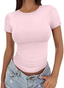 Trendy Queen Womens Basic Short Sleeve Slim Fit T Shirts Soft Crewneck Crop Y2k Tee Summer Cute Gym Fashion Clothes LightPink Large