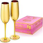 Dragon Glassware x Barbie Champagne Flutes Glass - 8 oz Gold with Pink Interior Crystal Champagne Glasses Set of 2 - Barbie Dreamhouse Collection - Mimosa and Cocktail Glasses