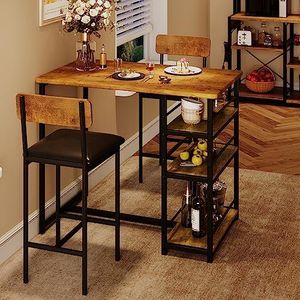 Amyove Dining Table Set for 2, Bar Table and Chairs for 2, Kitchen Table Set with 2 Upholstered Chairs, 3 Large Storage Shelves, Pub Table Set for Small Space, Apartment, Breakfast, Rustic Brown