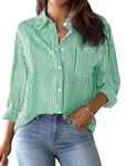 AISEW Womens Button Down Shirts Striped Classic Long Sleeve Collared Office Work Blouses Tops with Pocket (Green, 7002XL)