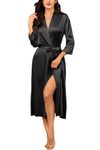 Ekouaer Bridal Robe Silk Dressing Gowns for Women Long Bridesmaid Wedding Party Satin Robes Nightwear Kimonos with Pockets, Black, L