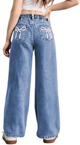 WDIRARA Girl's Bow Print Back Zipper Fly Elastic High Waist Denim Pants Basic Wide Leg Jeans Blue Pink 6Y
