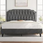 Yaheetech Queen Bed Frame Velvet Upholstered Platform Bed with Curved Headboard, Height-Adjustable Headboard/Noise-Free/Wooden Slats Support/No Box Spring Needed/Easy Assembly, Dark Gray Queen Bed