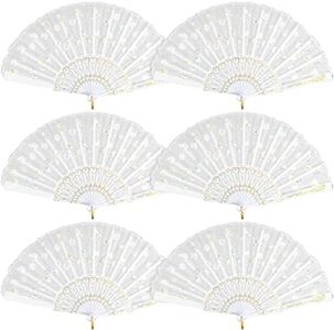 6 Packs White Spanish Floral Folding Hand Fan Women Lace Fan Handheld Fans for Wedding and Home Decoration