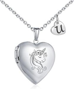 YOUFENG Unicorns Gifts for Her Love Heart Initial Letter Locket Necklace that Holds Pictures Enamel Locket Pendant Gifts for Women U