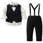 amokk Baby Boy Formal Wear Suits Bow Tie and Suspenders Outfit for 1st Birthday Party Christening Clothing Set (Black, 9-12 M)