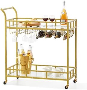 VEVOR Bar Cart Gold, 2 Tiers Home Bar Serving Cart on Lockable Wheels, Rolling Alcohol Cart with Tempered Glass Shelves Guardrail Wine Rack, Modern Wine Cart for Home Kitchen Dining and Living Room