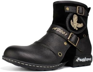 Psanfawq Motorcycle Boots Men Waterproof Leather -Retro Moto Biker Boots with Zip Up & Harness, Riding Combat Boots for Men Casual & Daily Wear,Black,10,AF001