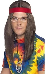 SMIFFYS Kit Hippy da uomo, marrone, Parrucca, occhiali, medaglione con segno di pace e fascia per capelli