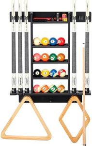 EXTCCT Billiards Pool Cue Rack, Pool Stick Holder Wall Mount Holds 6 Cues and Pool Table Chalk Equipment Accessories, Oak Solid Wooden Billiard Cue Rack for Game Room Club or Men Cave（Black Color）