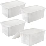 Dicunoy 4 Pack Small Plastic Lidded Storage Bins, Closet Organizers and Storage, Stackable Bathroom Storage Baskets with Lids, Small White Plastic Pantry Organizer with Handle for Kitchen, RV, Lockers