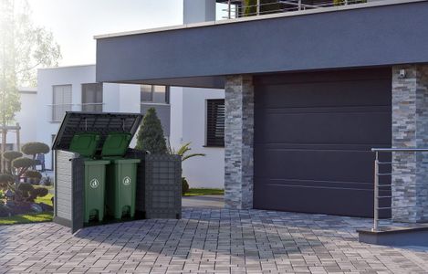 Duramax Cedargrain 1200L Plastic Garden Storage Shed – Grey, Flat Lid, Fits 2x 240L Bins, 145x85x125cm