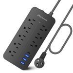 15 FT Extension Cord Power Strip Black, Asamoom Long Cord Flat Plug Surge Protector, 8 Outlets and 3 USB-A Ports & 1 USB-C Port (Type c), Circuit Breaker,1700J Wall Mount for Home Office Garage