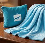 VAS COLLECTIONS Travel Pillow Blanket 2-in-1, Ultra Soft Flannel Blanket with Carry Case, 65x40 Inches, Compact Portable Travel Blanket for Flights, Camping and Travel Comfort (Aqua)