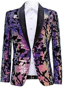 PYJTRL Men Fashion Velvet Sequins Floral Pattern Suit Jacket Blazer (Velvet - Purple, M)