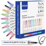 ACCloud Temporary Tattoo Markers for Skin, 10 Body Markers+ 124 Tattoo Stencils Kit for Kids and Adults, Flexible Brush Tip, Skin Safe, Color Collection for Body & All Artists