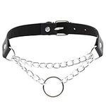 bjduck99 Punk Style Women Men Chain Choker Necklace Metal Ring Decor Faux Leather Collar Bar Club Jewelry Black