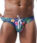 MIZOK Mens Bikini Swimsuit Sexy Low Rise Flowers Print Quick Dry Swim Briefs Swimwear (Leaves, M Fit Waist 28-30 inch)