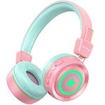 Link Dream Kids Wireless Headphones V5.0 Bluetooth Headphones for Kids w/Mic 32H Playtime Soft Padded Stereo Sound Volume Controllable Headphones for Girls School iPad Tablet cellphones (Pink/Light)