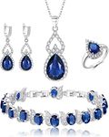 EleQueen Jewelry Set for Women, Blue Teardrop Cubic Zirconia Necklace Open Ring Earrings Bracelet Sets, Wedding/Anniversary/Valentine's Day for Bridesmaid/Wife/Friend/Mom