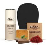 Ghar Soaps Exfoliating Body Gloves & Sandalwood Saffron Magic Soap 100Gm, Black | Paraben Free | Chandan & Kesar Soap | Handmade Soap For Men & Women | Glowing Natural Refreshing Skin | Tan Removal