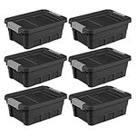 Sterilite 4 Gallon Industrial Storage Totes with Latch Clip Lids, Black (6 Pack)