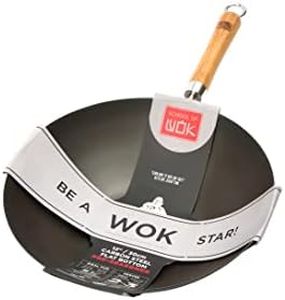 School of Wok - 12"/30cm Pre-Seasoned Carbon Steel Flat Bottom Wok with Bamboo Handle