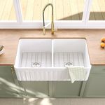 White Farmhouse Sink for Kitchen, DeerValley 33" x 18" Farmhouse Sink, Double Bowl Undermount Kitchen Sink, Fireclay Apron Sink with Stainless Steel Bottom Grid and Drain DV-1K503