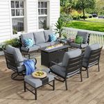 MFSTUDIO 8 Pieces Patio Furniture Sets with 45" Gas Fire Pit Table(Up to 9 Seat),Outdoor Metal Conversation Sofas with 1 x 3-Seat Sofa, 2 Single Chairs,2 Swivel Chairs and 2 Ottoman,Grey Cushion