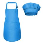 Fodlon Kids Apron and Chef Hat Set, Adjustable Children Kitchen Chef Apron with Pockets for Cooking Baking Painting 4-12 Years Old (Blue, Large)